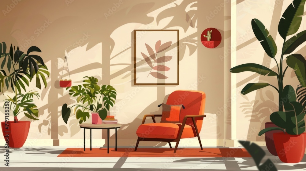 Wall mural Sunny interior scene with red chair - A cozy sunny room features a sleek red chair, indoor plants, and a stylish interior, perfect for modern home concepts