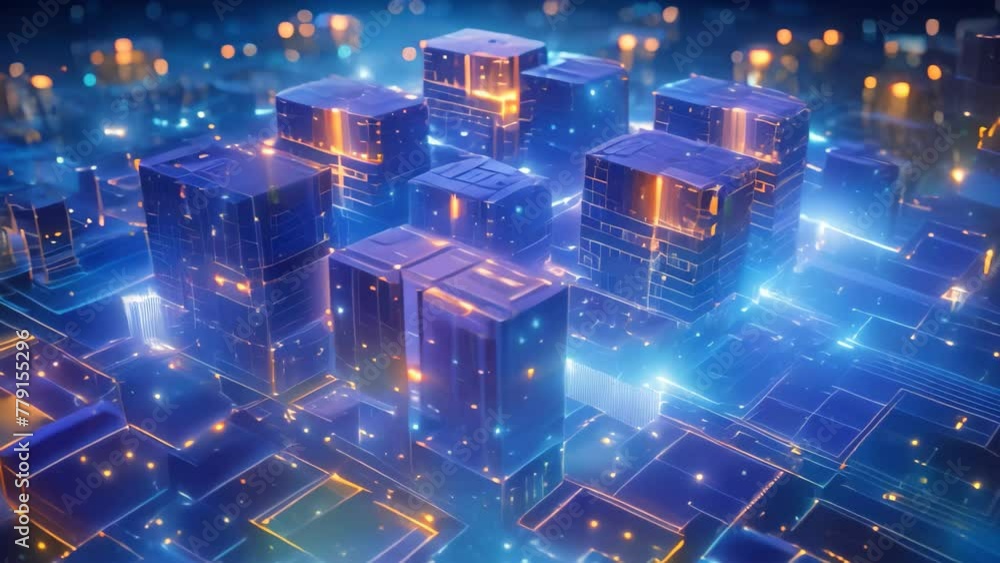 Poster an organized arrangement of assorted cubes resting atop a circuit board, digital rendering of quantu