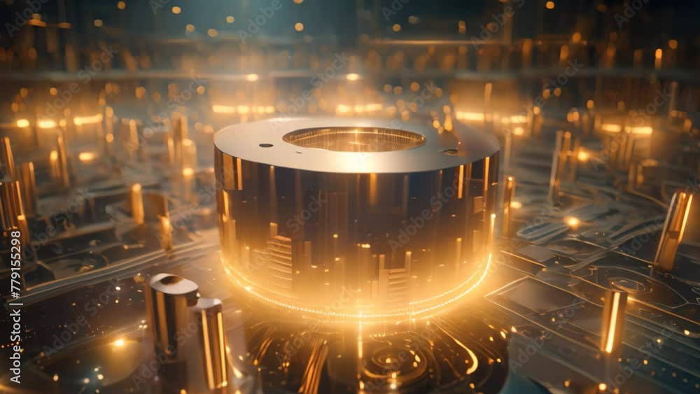 Poster a massive metallic structure surrounded by an impressive display of numerous bright lights, digital 