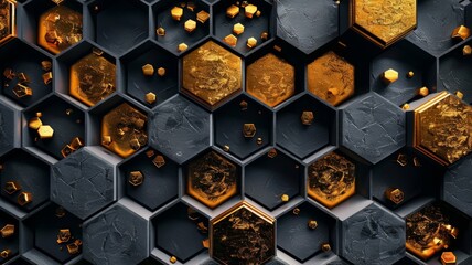 Intricate honeycomb design with golden accents - An artistic depiction of honeycomb pattern with gold embellishments symbolizing wealth, luxury, and intricate design - obrazy, fototapety, plakaty
