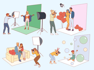 Professional photographers shooting people. Photo studio with equipment, frames for memory, lighting devices. Different models pose, family and fashion photography cartoon flat vector set