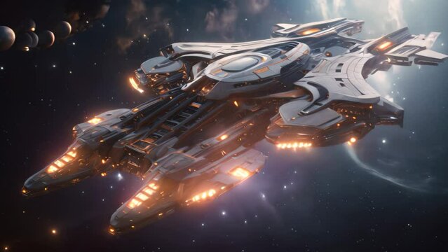 An advanced spacecraft hovers effortlessly above the planets surface, portraying a glimpse into the future of space travel, Detailed rendering of a spaceship navigating through a galaxy, AI Generated