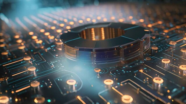 A computer processor featuring a prominent chip in the center, optimizing performance and efficiency, Digital rendering of quantum computing processes, AI Generated