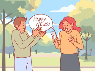 People getting good news. Couple rejoices, pleasant surprise, positive information from phone, joyful emotions, multimedia, social media content, friends in park, vector cartoon isolated concept