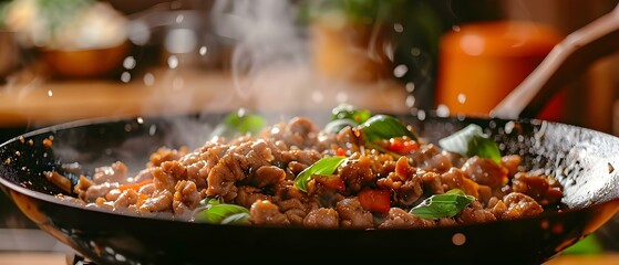 Sizzling Spicy Pork Basil Delight in a Wok. Concept Thai Cooking, Stir-Fry Recipe, Easy Dinner Dish, Asian Cuisine, Savory Basil Pork