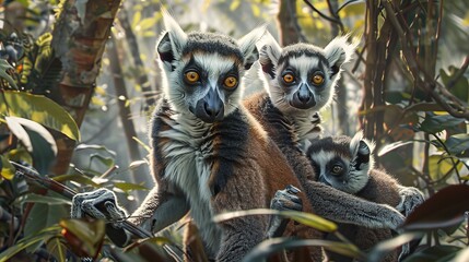 Naklejka premium Curious lemur family in madagascar rainforest with detailed photorealistic medium shot and rim light