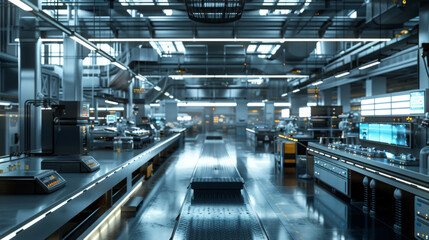 Fototapeta premium A modern electronics manufacturing plant with automated assembly lines, testing stations, and quality control systems, momentarily still but ready to produce a wide range of electronic devices