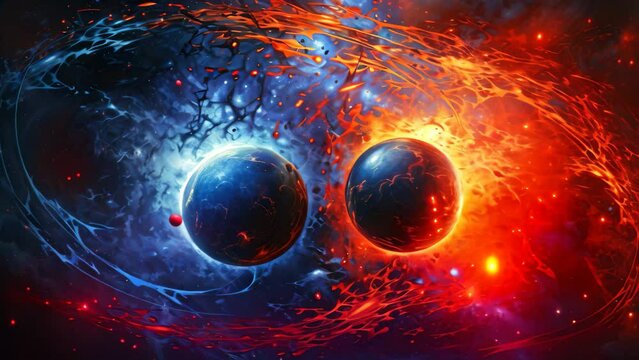 Two Planets Orbiting a Black Hole, A Rare Cosmic Phenomenon Revealed, Draw an abstract picture of a cosmic collision of orange fireballs with a deep blue abyss, AI Generated