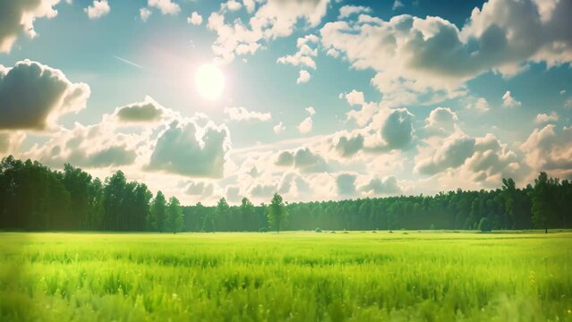 A picturesque scene of a tranquil field with tall trees and fluffy clouds in the background, Drifting clouds over a peaceful meadow, bathed in warm sunlight, AI Generated