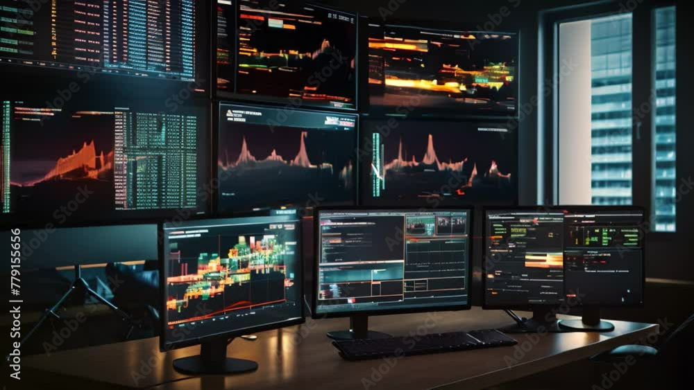 Poster a desk filled with numerous computer monitors, creating an efficient and productive workstation for 