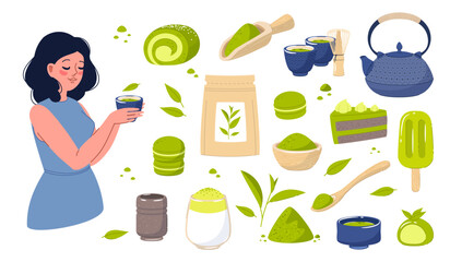 Matcha tea elements. Delicious green desserts and ice-cream, cute woman holds cup with hot drink, organic japanese food, leaves and powder, cake and macaroon, vector cartoon flat isolated set