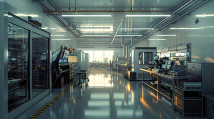 Fototapeta premium A modern electronics manufacturing plant with automated assembly lines, testing stations, and quality control systems, momentarily still but ready to produce a wide range of electronic devices
