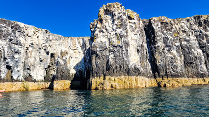 Nature's art: Glorious colorful nesting cliffs of the Firth of Forth touching the clear blue sky, Isle of May Natural Nature Reserve, Scotland, UK