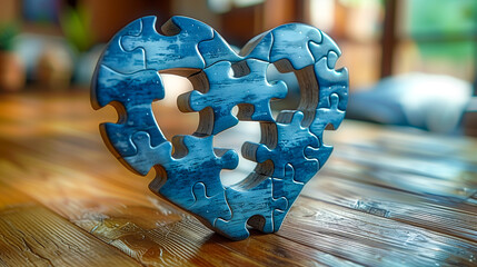 Interlocking blue puzzle pieces forming a heart, standing upright on a wooden surface. - obrazy, fototapety, plakaty
