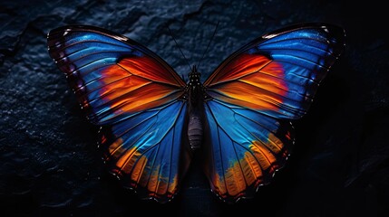 This butterfly's vibrant wings, adorned with hues of blue and orange, contrast beautifully with the...