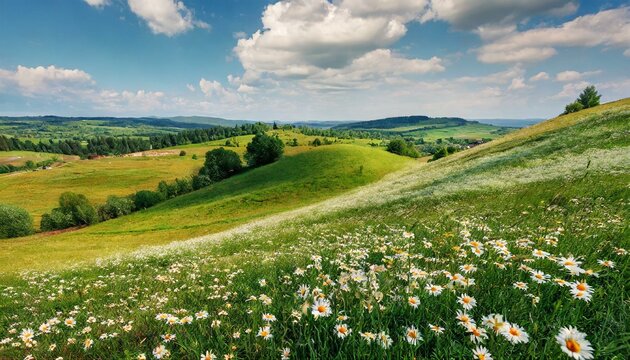 Vibrant Blossoms: Scenic Hilly Countryside Adorned with Daisies
