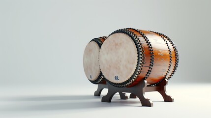 Taiko drums, traditional Japanese percussion instruments, stand out on a crisp white background.