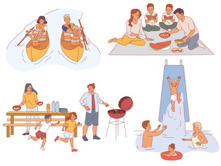Family pastime. Happy parents with children actively relaxing, river descent, water park, picnic, barbecue party, outdoor games, summer vacation cartoon flat style isolated vector set