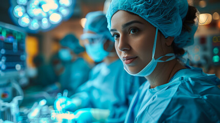 A nurse in the operating room is organizing the surgical instruments on a sterile table, another adjusting settings on a medical monitor - obrazy, fototapety, plakaty