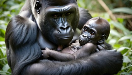 A Mother Gorilla Tenderly Cradling Her Newborn Bab - obrazy, fototapety, plakaty