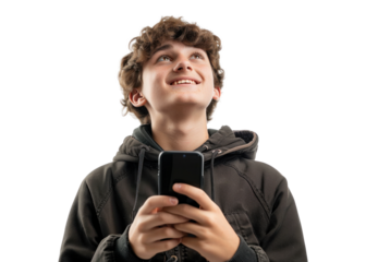 Young Caucasian Male Holding Phone Looking Up