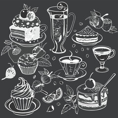 Experience a delightful collection of hand-crafted illustrations featuring scrumptious desserts, invigorating coffee, and comforting tea. Exuding a charming chalk-style aesthetic