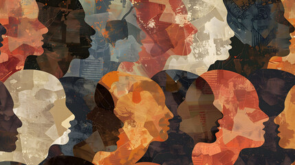 simple abstract human heads silhouette collage background with diverse skin colors as an icon for diversity and equality