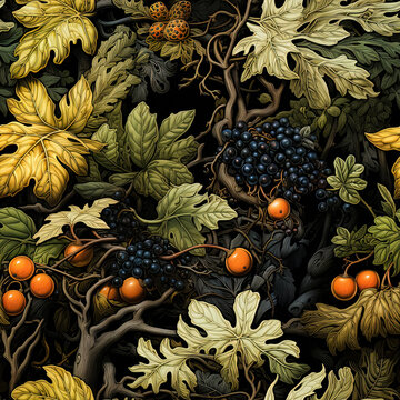 Floral seamless pattern with branches, leaves and ripe berries on a black background.