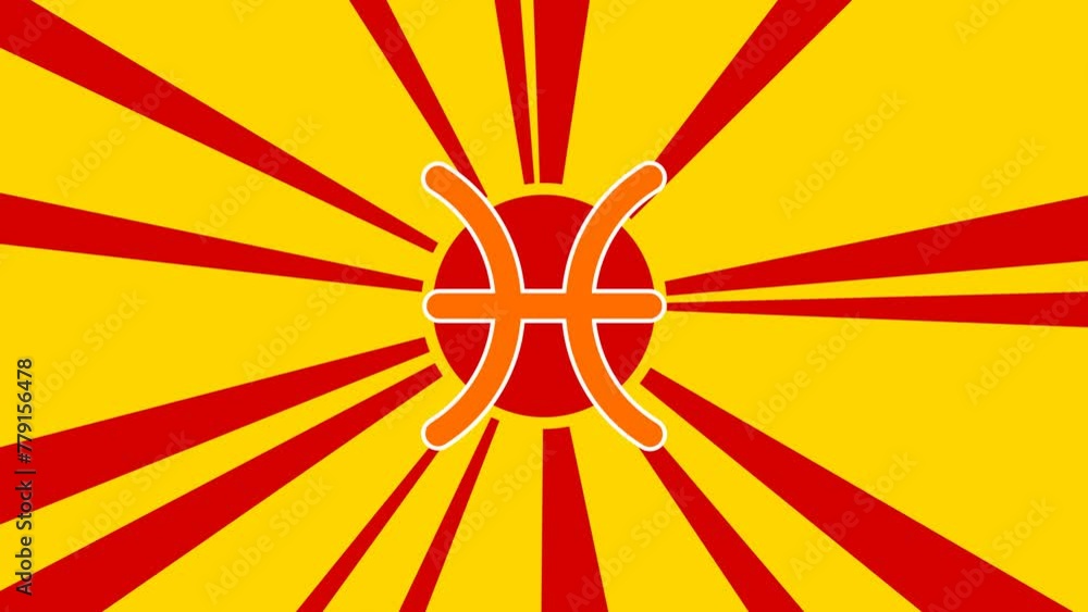 Poster zodiac pisces symbol on the background of animation from moving rays of the sun. large orange symbol