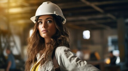 A female engineer with long hair and wearing a hard hat is standing at a construction site.