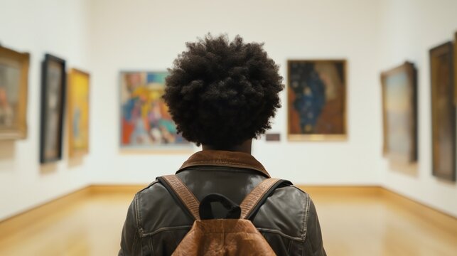 Black visitor with backpack observing paintings in art gallery