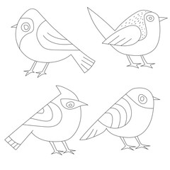 Outline Cute Little Birds Clipart Set Flat Design. Birds Vector Flat Illustration