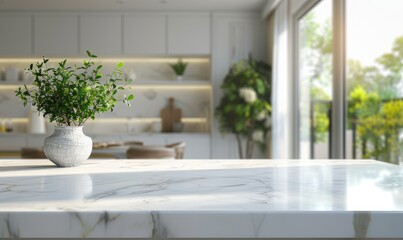 Fototapeta premium White table top on blur kitchen room background,Modern white