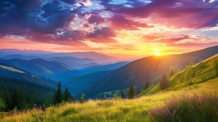 Stunning mountain panorama during picturesque summer sunset.