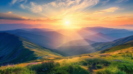 Naklejka na ściany i meble Stunning mountain panorama during picturesque summer sunset.