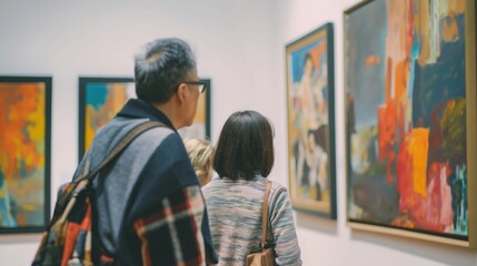 Two people standing in an art gallery, examining displayed art pieces