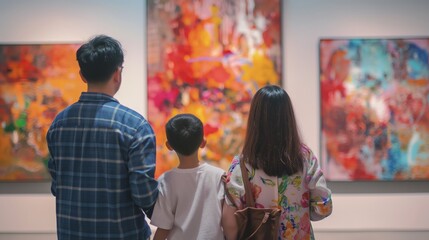 A family of museum visitors looking at art on display