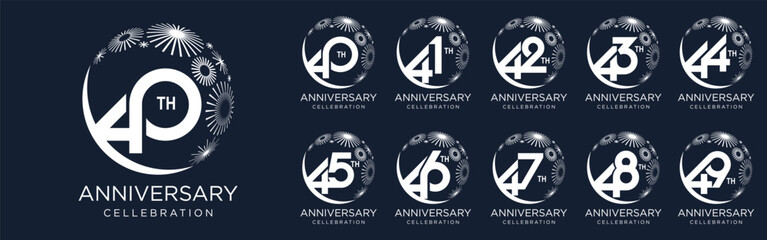 set of 40 to 49th anniversary logotype design, with white color fireworks for celebration event, wedding, and birthday, vector illustration