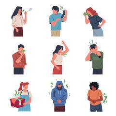 Bad smelling people. Male and female characters with unpleasant body odour, hygiene or health problems, breath, sweat, dirty clothes, cartoon flat style isolated nowaday vector set