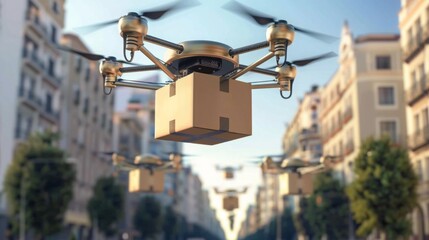 Drone Delivers Package in Urban Area at Dusk - obrazy, fototapety, plakaty