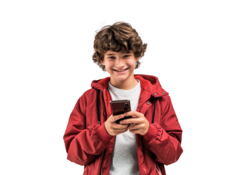 Young Boy with Phone on Transparent Background - Powered by Adobe