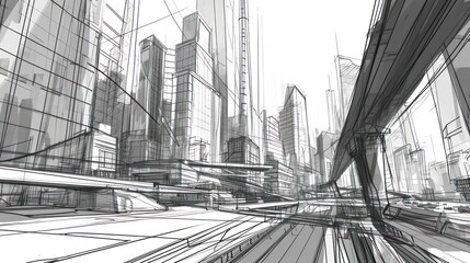 A cityscape in black and white with lots of tall buildings and streets filled with cars.
