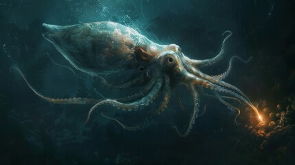 Enigmatic giant squid in the dark depths, photorealistic details and ghostly tentacles - obrazy, fototapety, plakaty