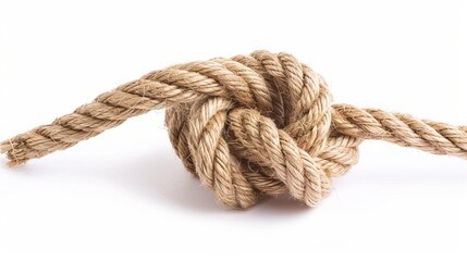 Fototapeta premium Strong and sturdy rope with a securely tied knot, isolated on a white background.