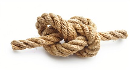 Strong and sturdy rope with a securely tied knot, isolated on a white background.