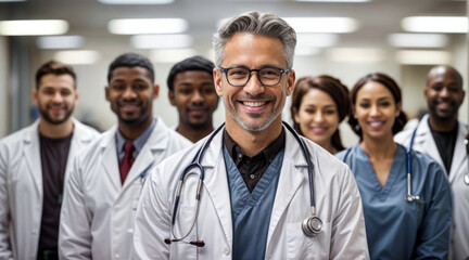 A group of smiling medical professionals, including doctors and nurses, stand together in a hallway.