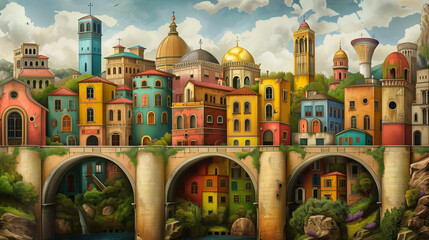 Enchanting Mediterranean Fantasia Townscape - obrazy, fototapety, plakaty