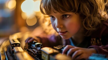 A young boy is playing with a toy train set.