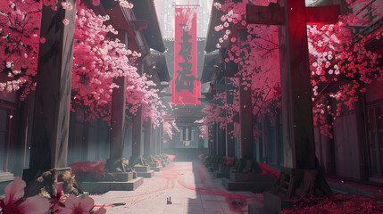 Futuristic City with Cherry Blossoms and Red Banners
