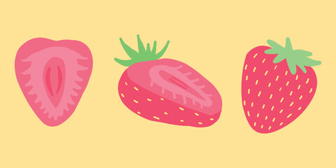 Whimsical vector illustration of strawberries in vibrant pinks and yellows, showcasing whole and halved berries in charming flat design style, perfect for fresh summer themes and healthy food concept